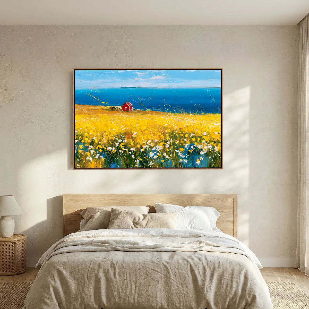 Scandinavian Red Cottage in Yellow Flower Field – Impressionist Fine Art