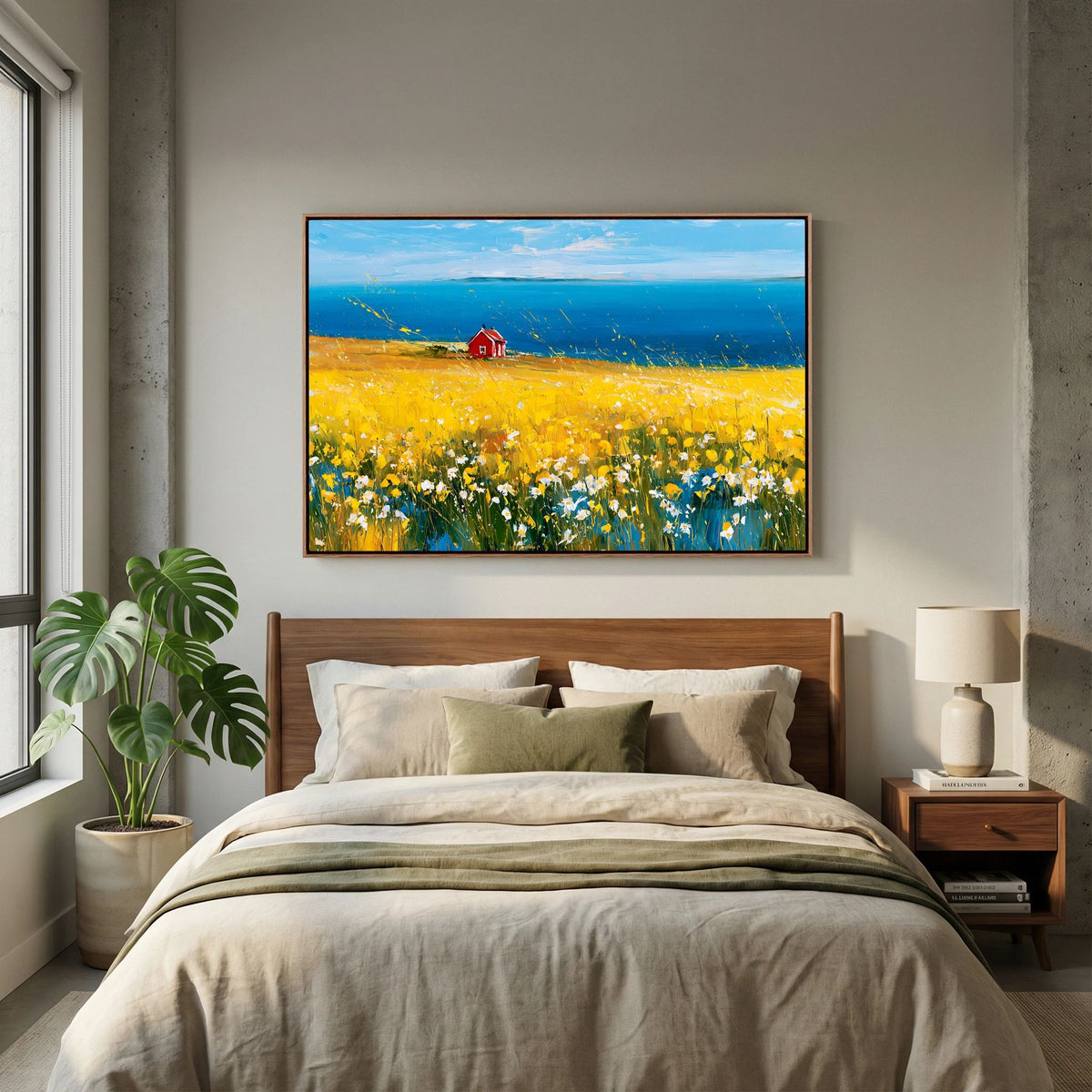 Scandinavian Red Cottage in Yellow Flower Field – Impressionist Fine Art
