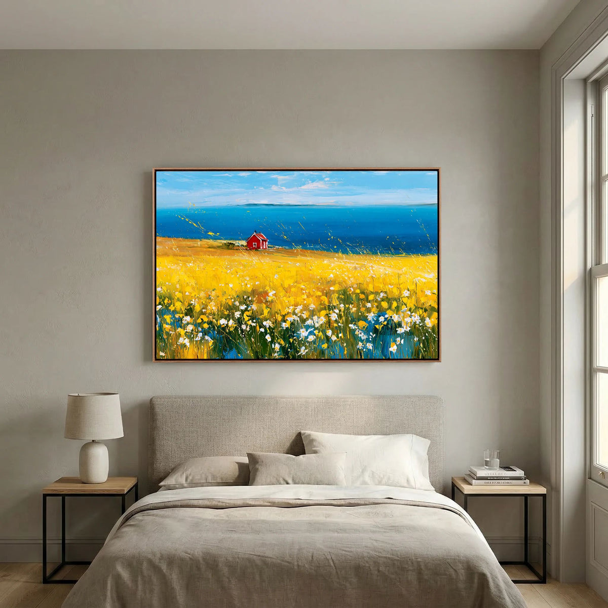 Scandinavian Red Cottage in Yellow Flower Field – Impressionist Fine Art