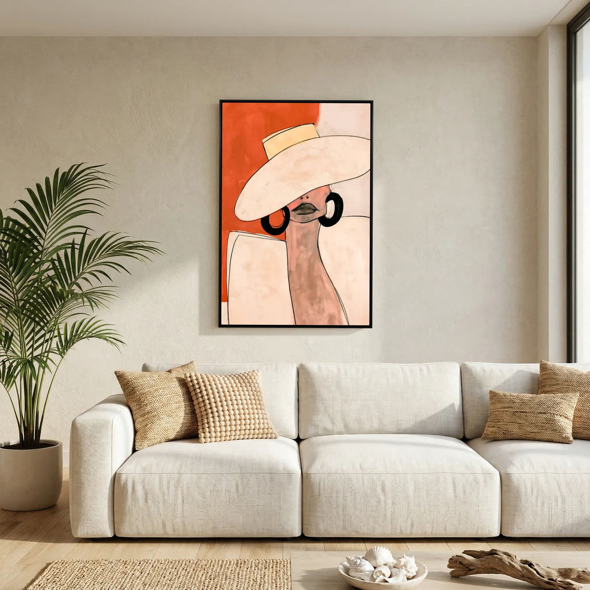 Minimalist Terracotta Fashion Poster – Elegant Woman in Sun Hat Wall Art
