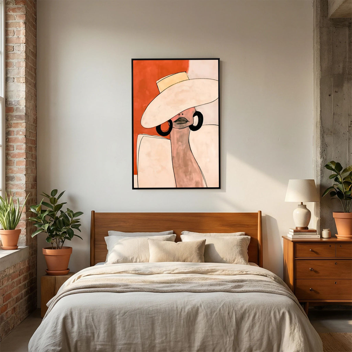 Minimalist Terracotta Fashion Poster – Elegant Woman in Sun Hat Wall Art